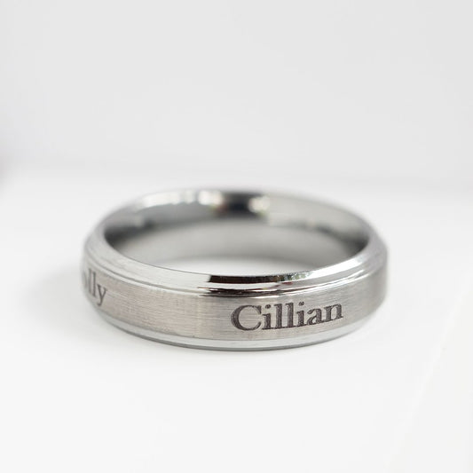 Tungsten ring engraved with the name 'Cillian'