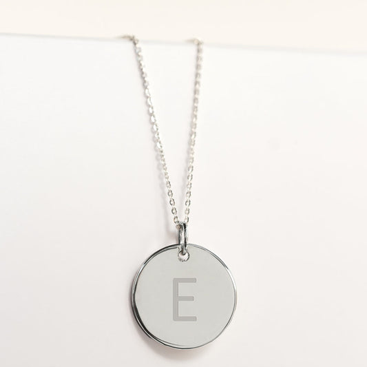 Stirling silver disc pendant necklace engraved with letter E