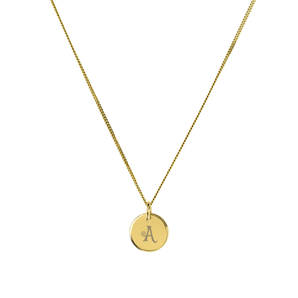 10mm gold plated disc pendant engraved with letter A