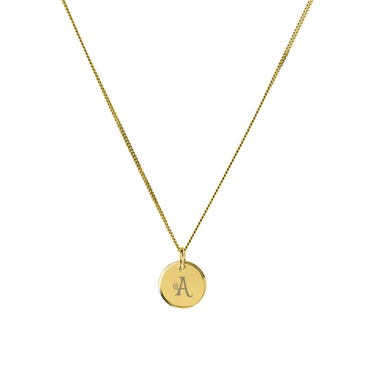 10mm gold plated disc pendant engraved with letter A