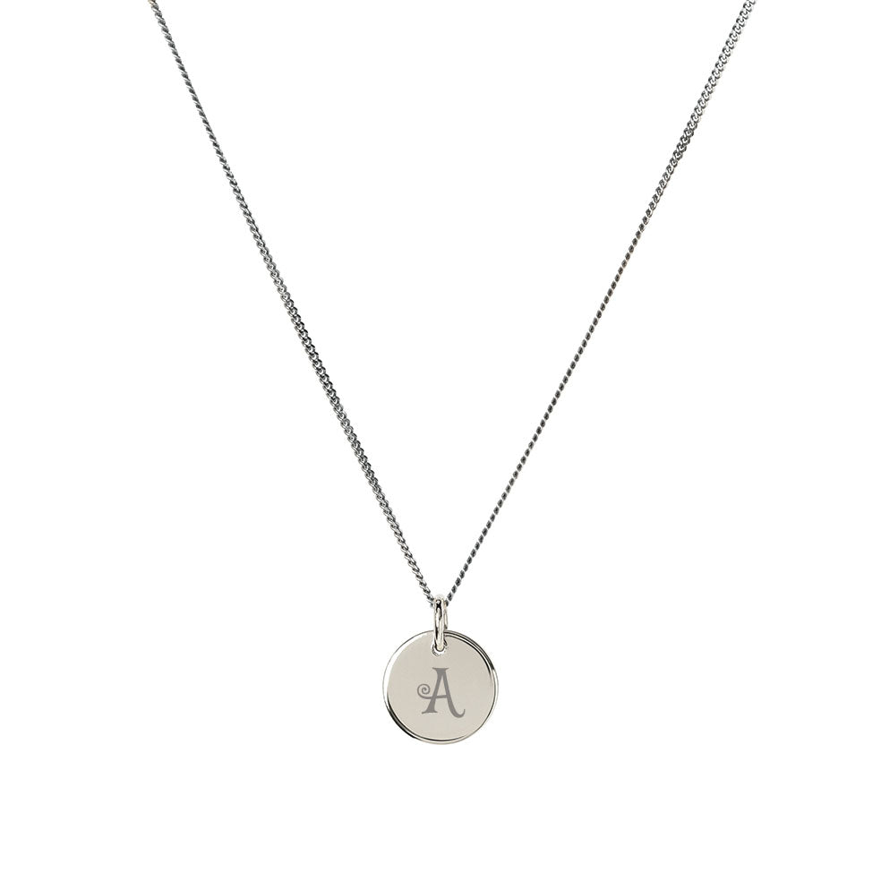 10mm silver disc pendant engraved with letter A