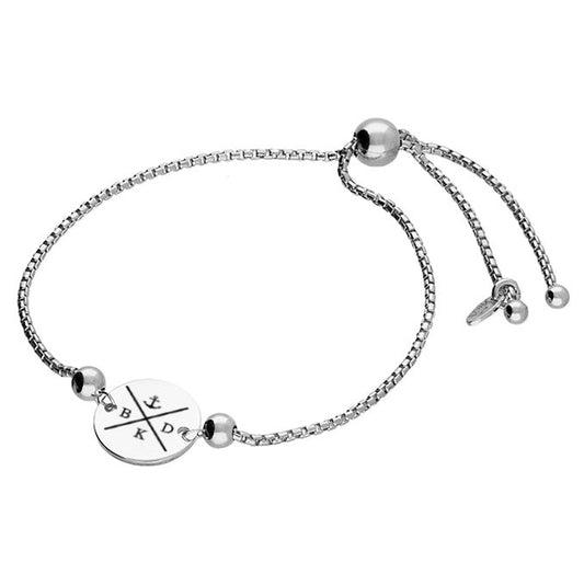 A disc bracelet with anchor and initials, displayed on a white background, available in Sterling Silver and Gold Plated varieties.