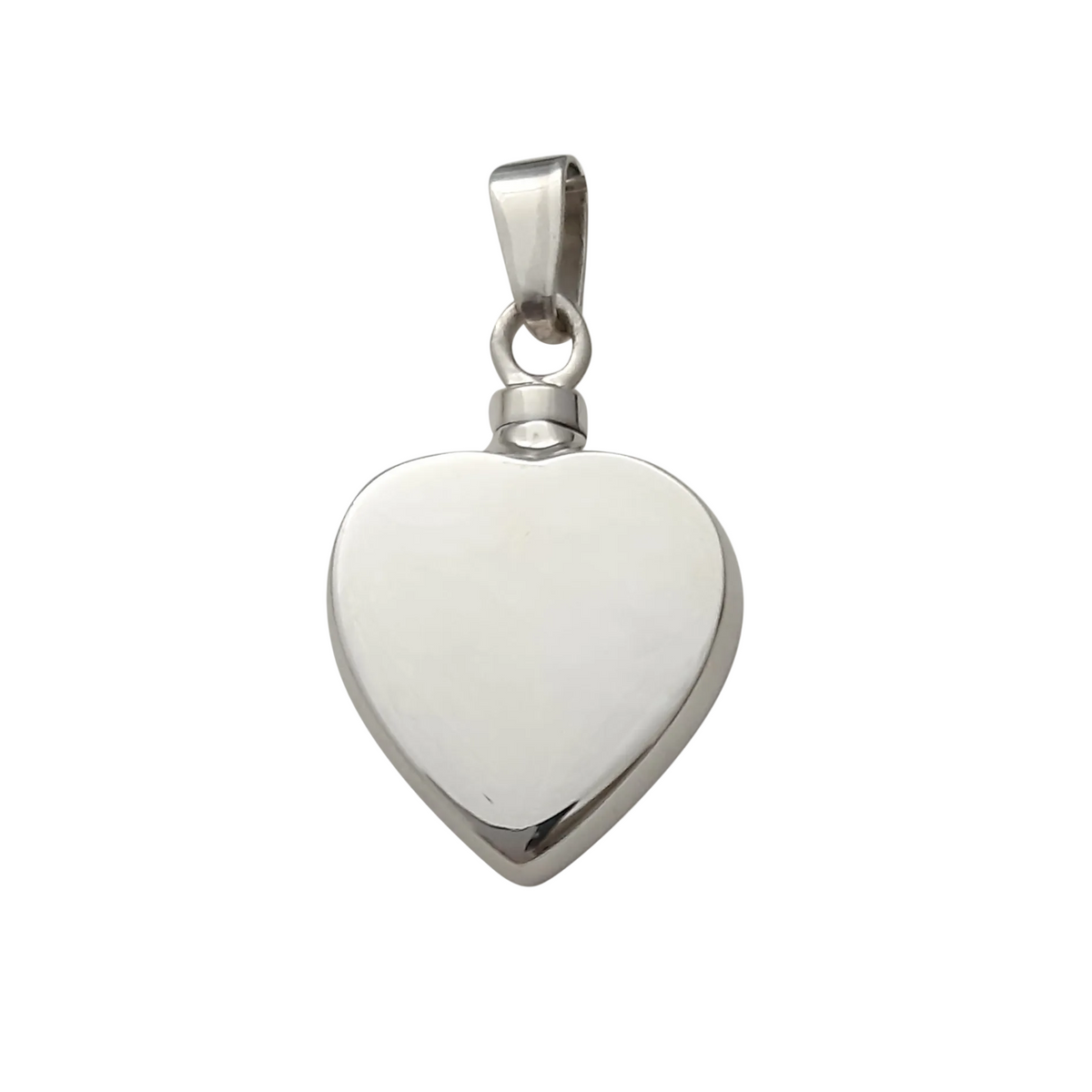 A polished silver heart-shaped pendant with a smooth, reflective surface and a matching bail at the top, shown on a plain white background.