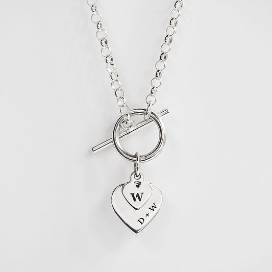 Personalised Heart T-bar Necklace - Sterling silver two heart pendant