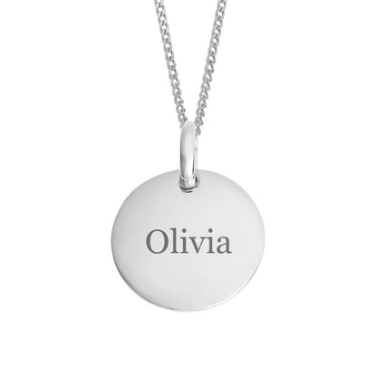 Silver necklace with a round pendant engraved with 'Olivia' on a white background