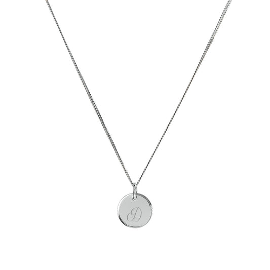10mm Stirling Silver Disc Pendant engraved with initial D in a script font