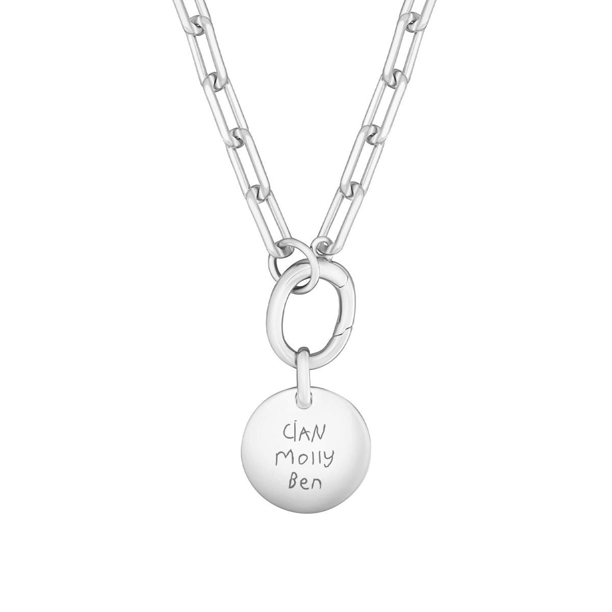 Large Link Disc Necklace with Engraved Handwriting