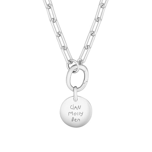 Large Link Disc Necklace with Engraved Handwriting