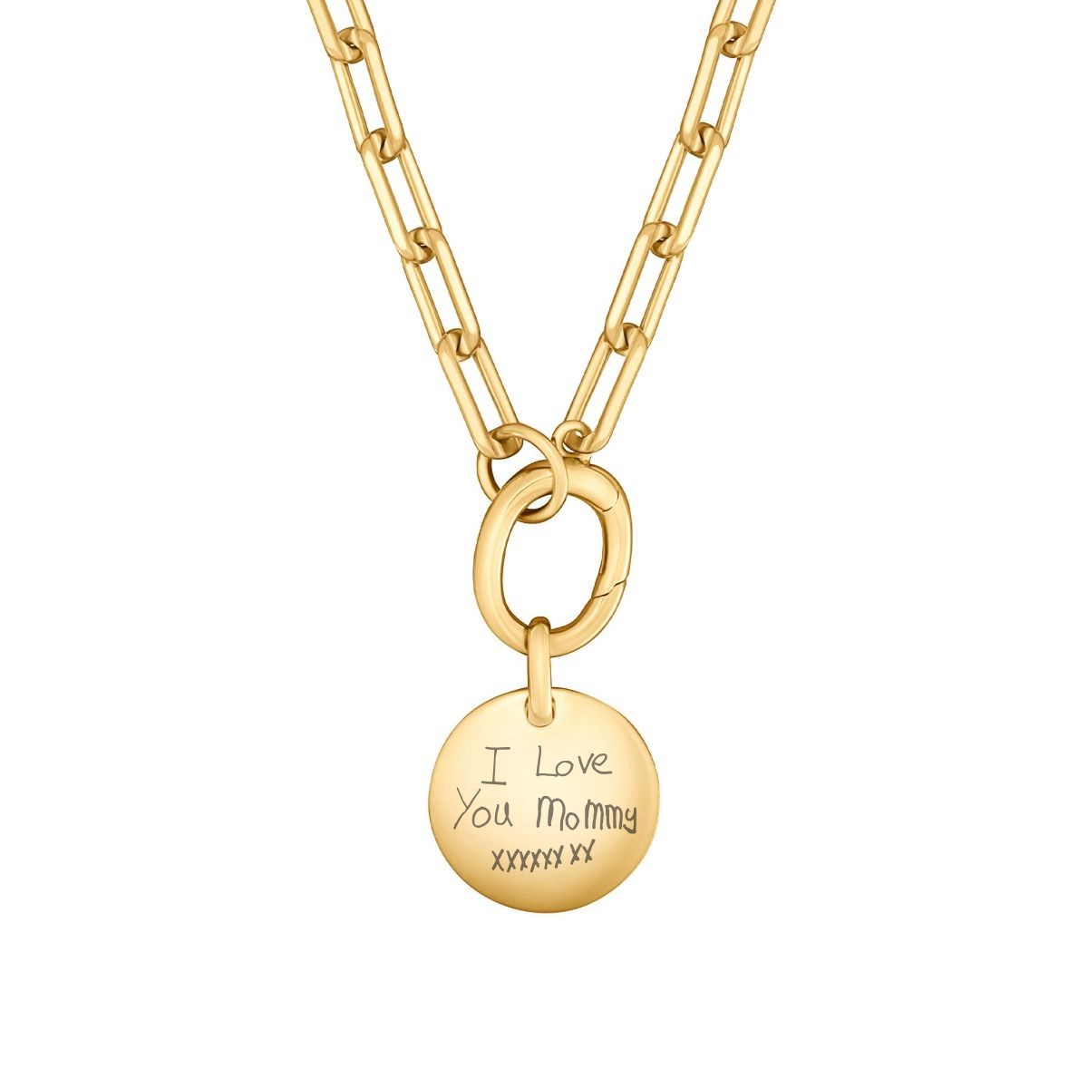 Large Link Disc Necklace with Engraved Handwriting