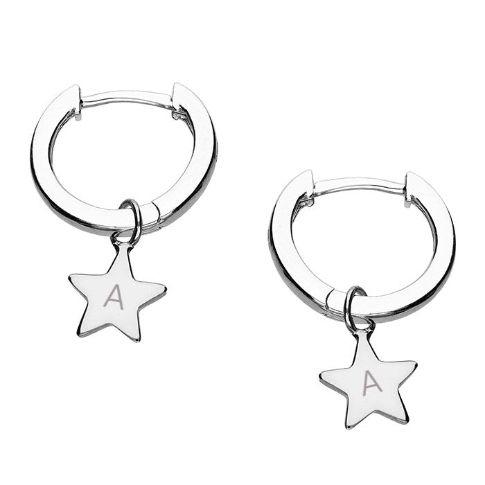 Silver huggie earrings with star charm engraved with the letter A