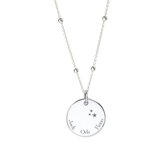 3 kids names engraved on a silver disc pendant