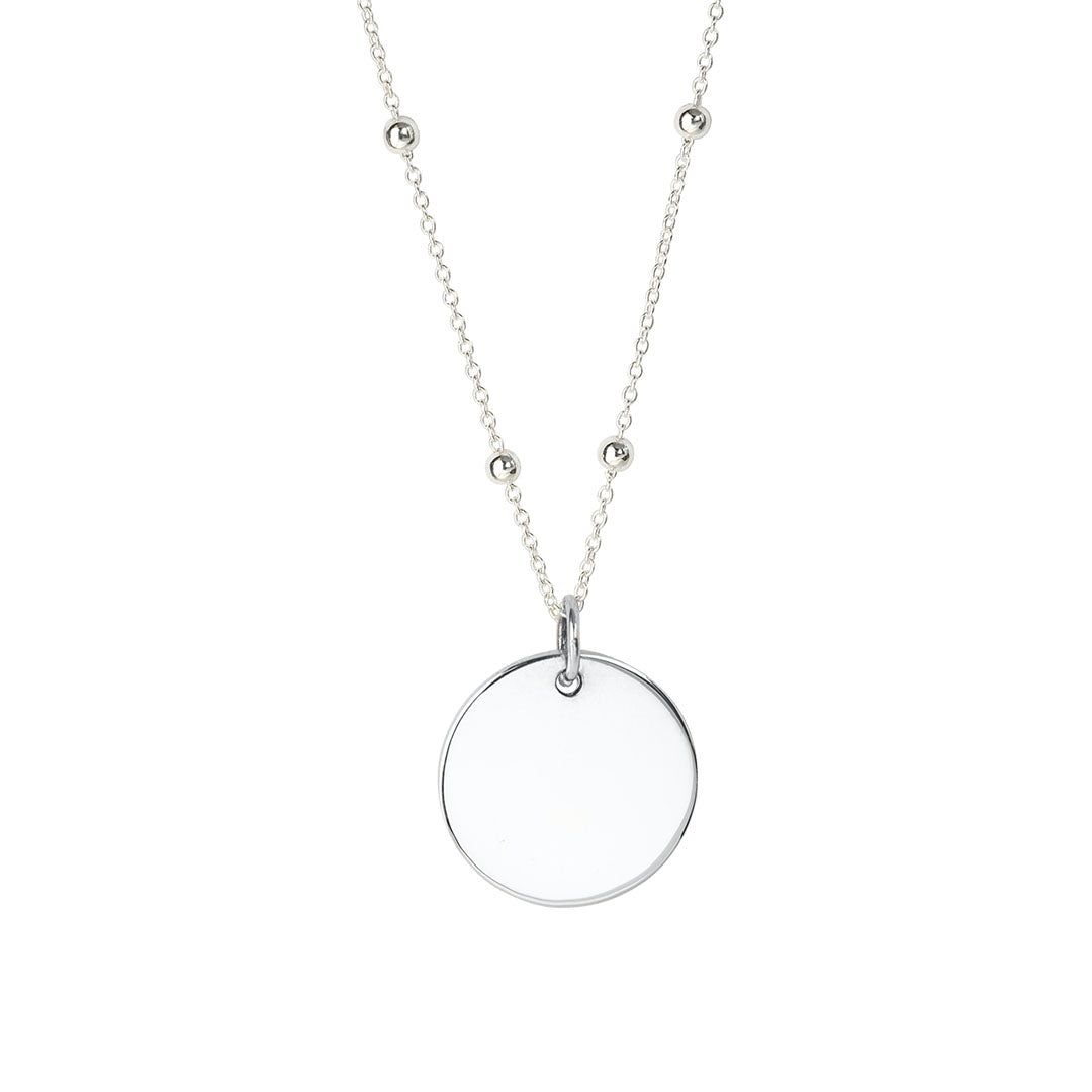Silver 15mm disc pendant on a satellite chain