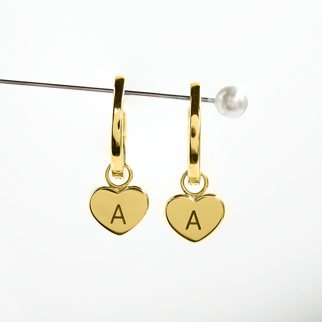 9ct Gold Plated Huggie Earrings with Heart Shaped Charm engraved with initial A