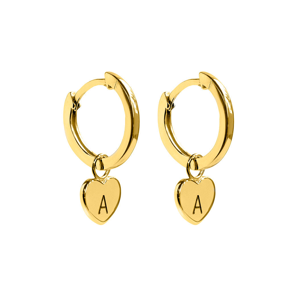 9ct Gold Plated Huggie Earrings with Heart Shaped Charm engraved with initial A