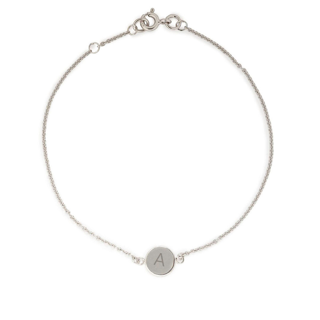 9ct white gold disc braclet engraved with initial A